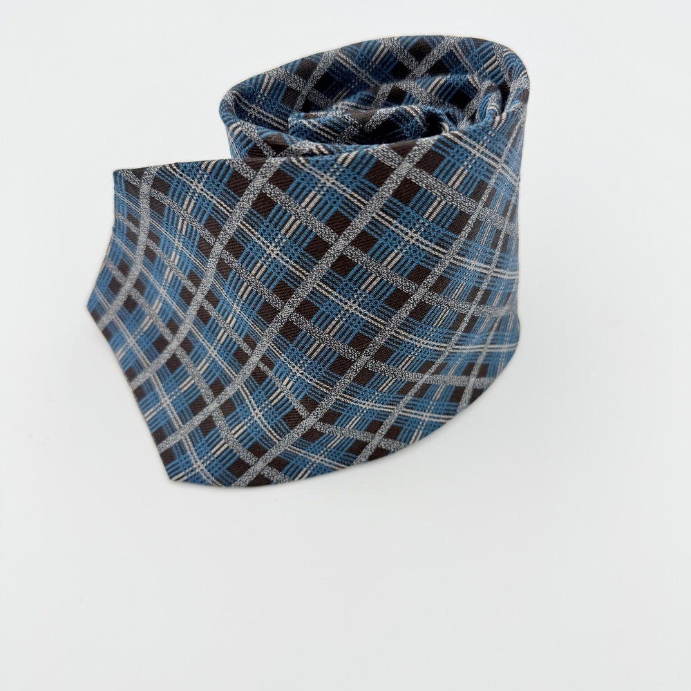 Giorgio Armani Cravatte Silk Tie Blue Grey Black Plaid Geometric Made‎ in Italy